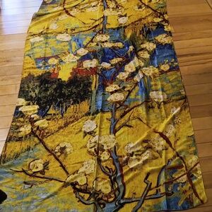 Floral Branch Print Satin Scarf in Yellow and Blue